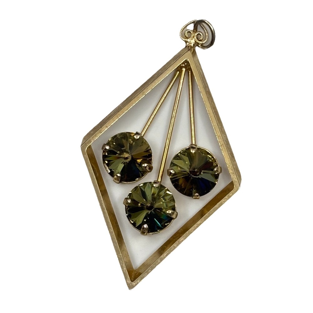 Vintage Gold Tone Metal Green Glass‎ Diamond Shaped Pendant Womens Statement